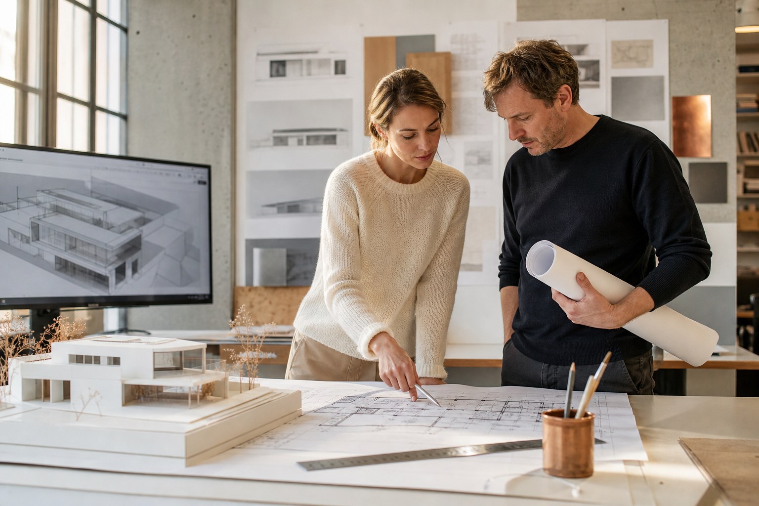 Architektin und Architekt am Plantisch mit Grundriss, Arbeitsmodell und CAD-Monitor im Hintergrund