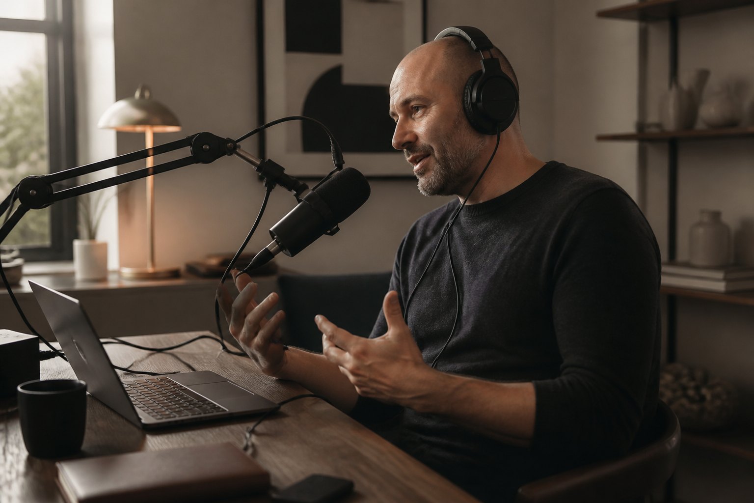 Homestudio mit Mikrofon am Schwenkarm, Kopfhörer und Laptop, jemand spricht ins Mikrofon